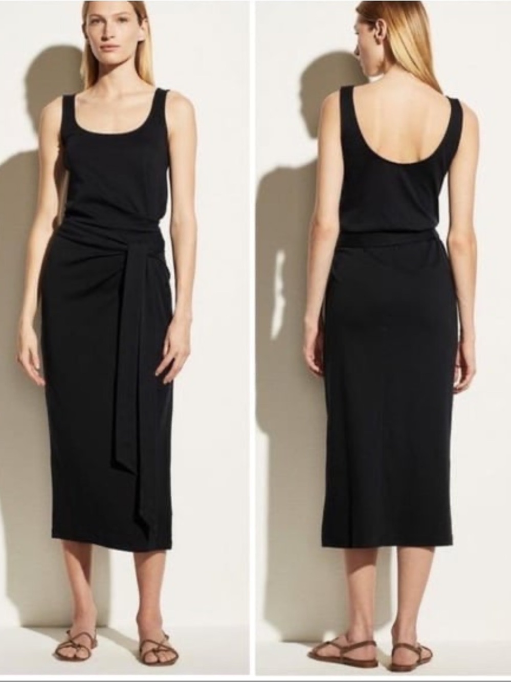 Vince Black Sleeveless Pima Cotton Tie-Waist Midi Dress - M